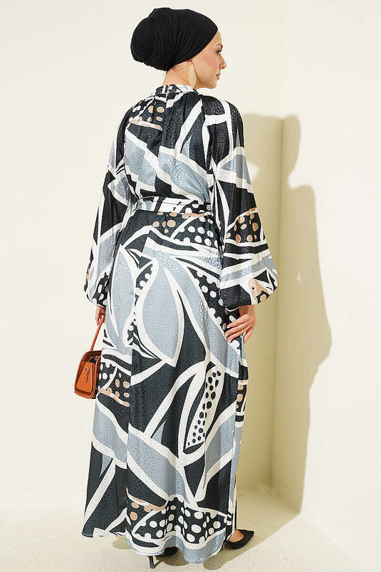 Schwarzes Jacquard-Satin-Kleid Mit Punkten