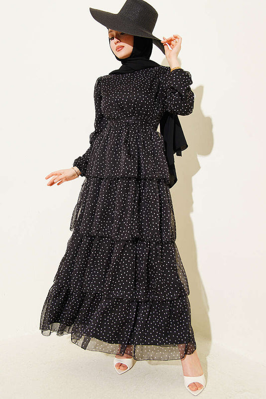 Schwarzes mehrlagiges Chiffonkleid mit Punkten