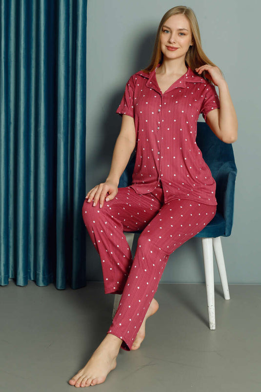 Damen-Pyjama-Set mit Polka-Dots und kurzen Ärmeln, Altrosa