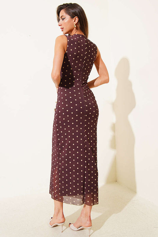 Punktiertes Chiffonkleid Braun