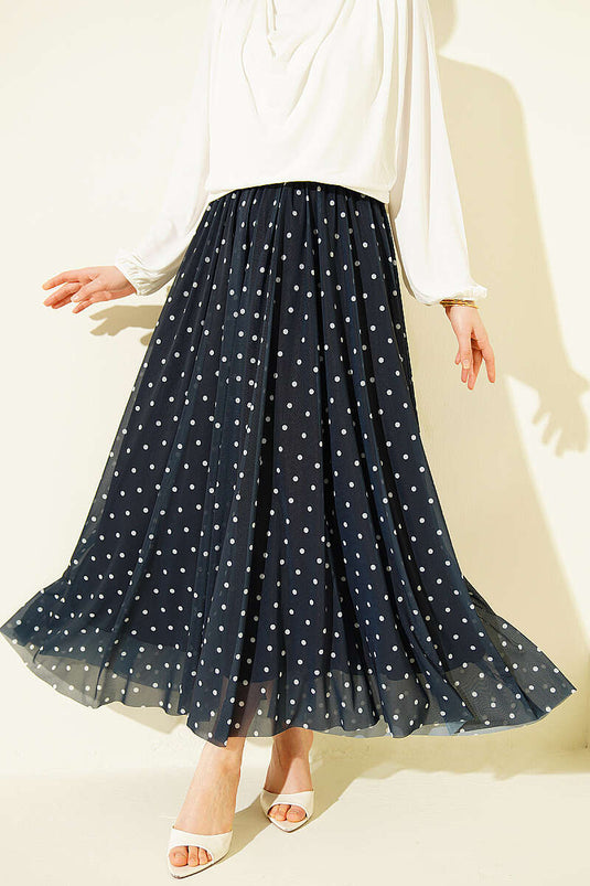 Gonna a ruota in tulle a pois blu scuro