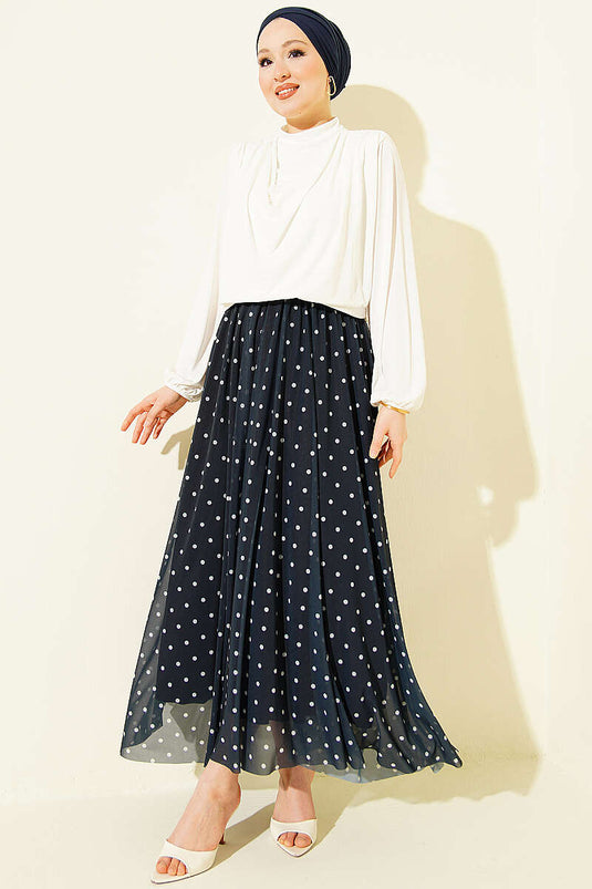 Gonna a ruota in tulle a pois blu scuro