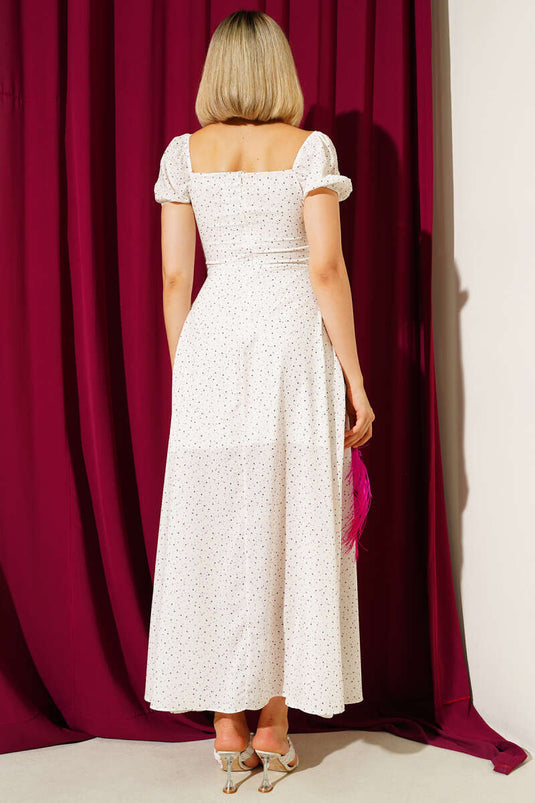 Robe midi à pois fendue, crème