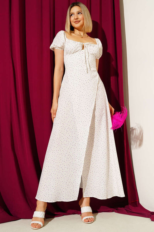 Gepunktetes Midikleid mit Schlitz, Creme