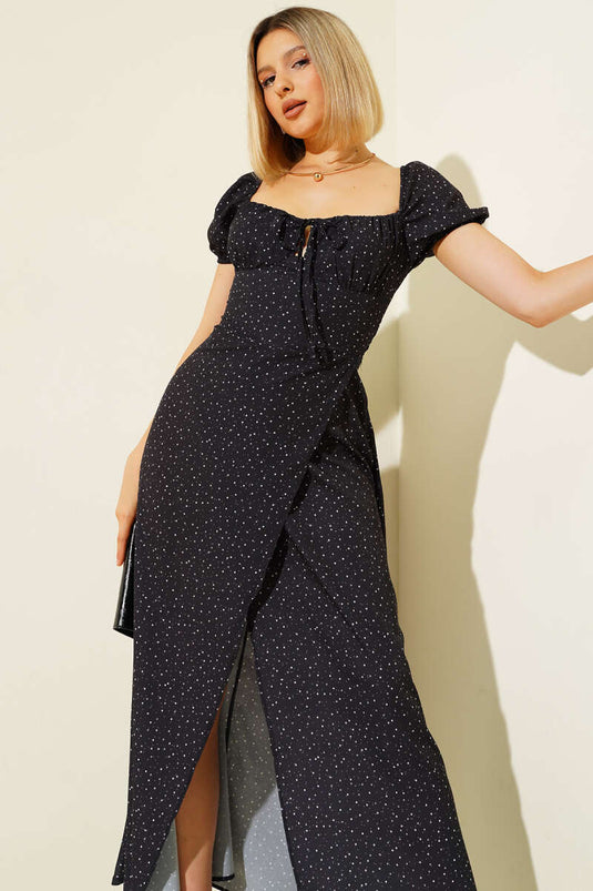 Robe midi à pois fendue, noire