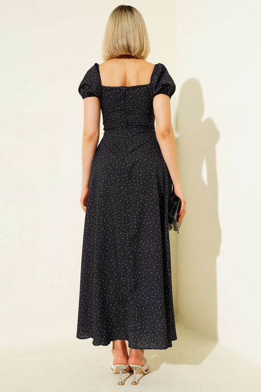 Robe midi à pois fendue, noire