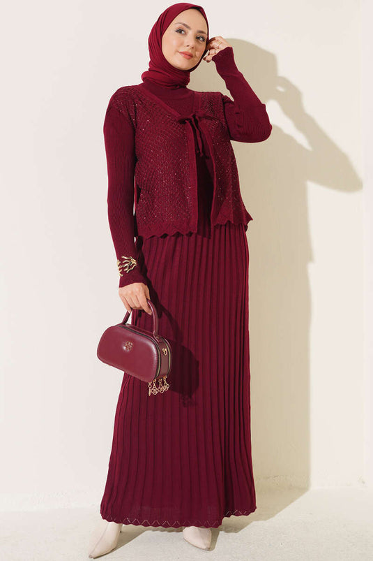Burgundy Tie-Detail Knit Dress