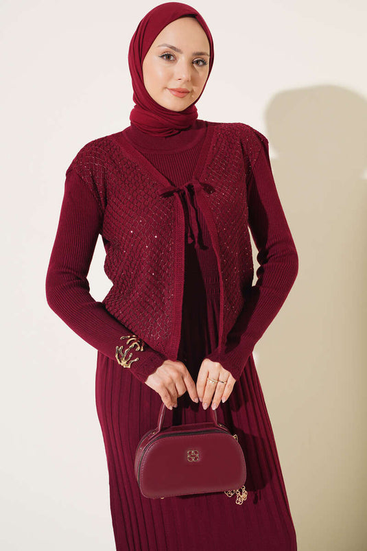 Burgundy Tie-Detail Knit Dress