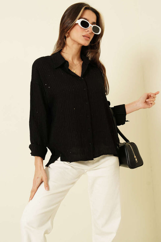 Chemise noire à rayures en relief avec détails à paillettes