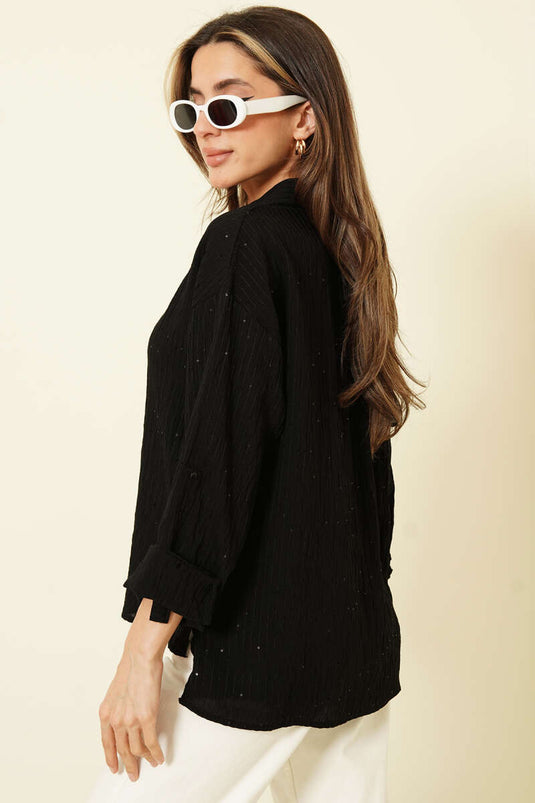 Chemise noire à rayures en relief avec détails à paillettes