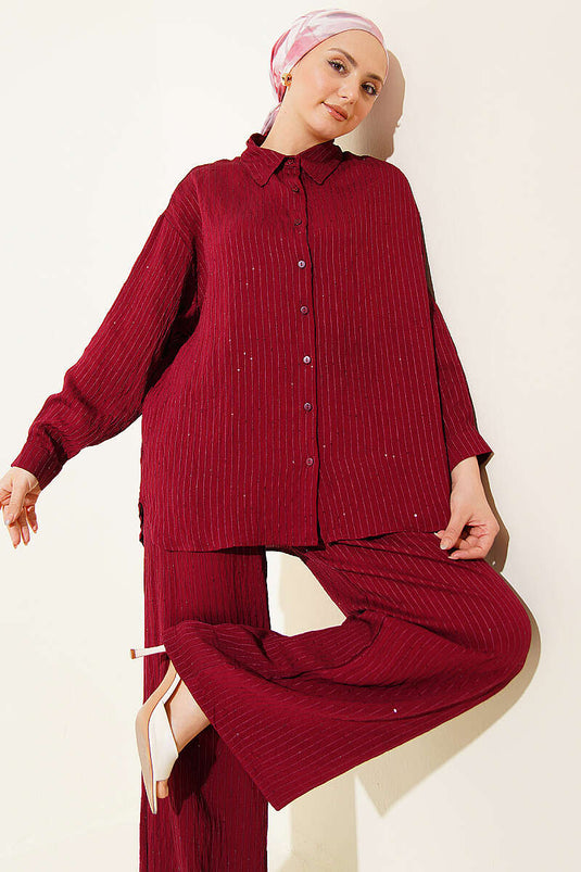 Burgundy Striped Two-Piece Set with Sequin Detail