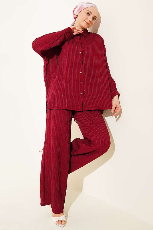 Burgundy Striped Two-Piece Set with Sequin Detail