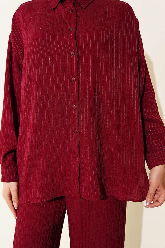 Burgundy Striped Two-Piece Set with Sequin Detail