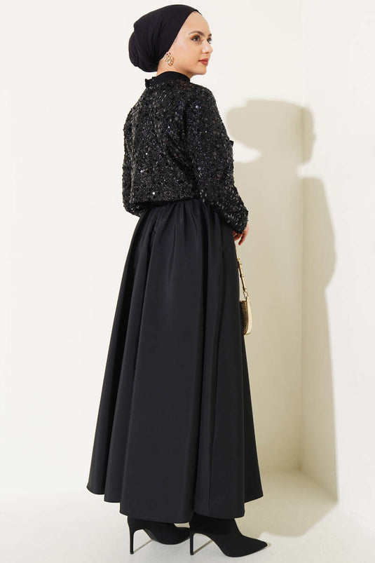 Sequined Jacket and Skirt Two Piece Suit Black