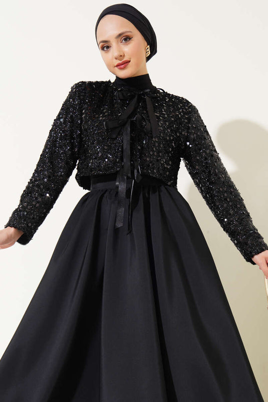 Sequined Jacket and Skirt Two Piece Suit Black