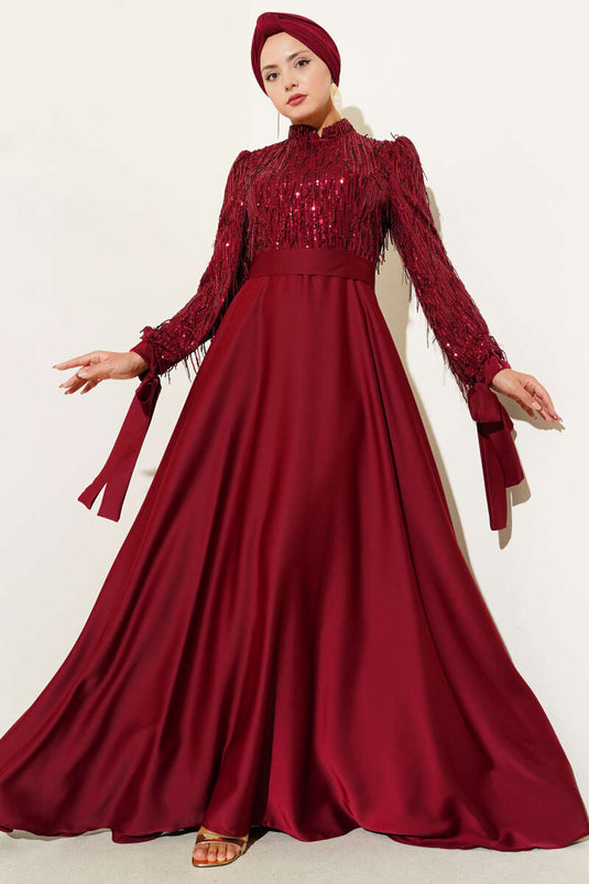 Sequined Tied Sleeve Evening Dress Burgundy