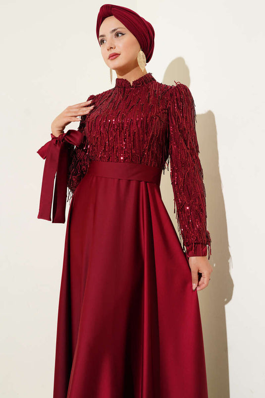 Sequined Tied Sleeve Evening Dress Burgundy