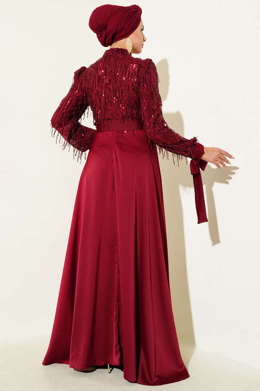 Sequined Tied Sleeve Evening Dress Burgundy