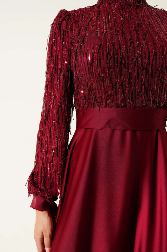 Sequined Tied Sleeve Evening Dress Burgundy