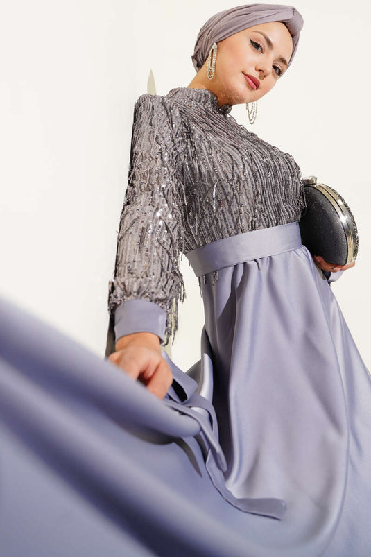 Pul Payet Kolları Bağlamalı Abiye Elbise Gri