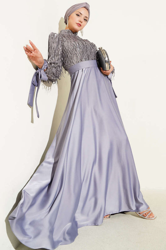 Pul Payet Kolları Bağlamalı Abiye Elbise Gri