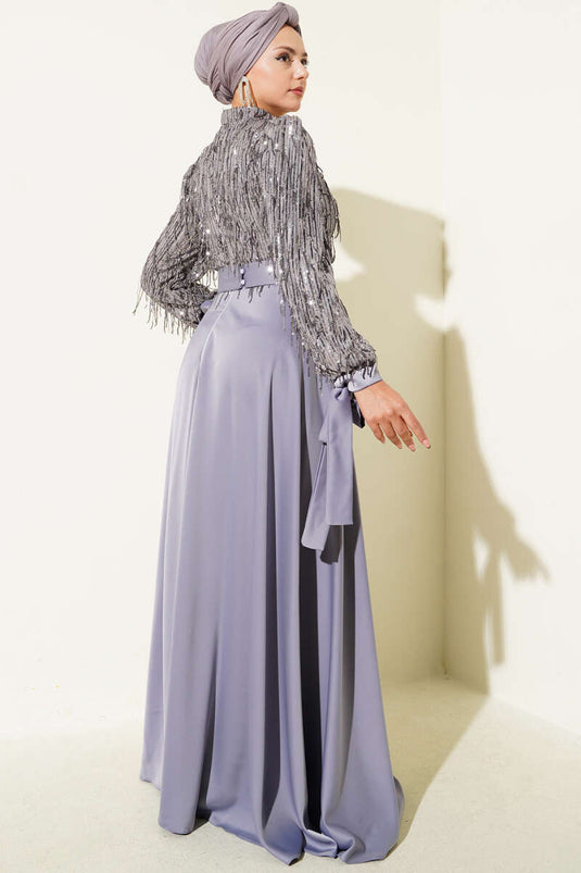 Pul Payet Kolları Bağlamalı Abiye Elbise Gri