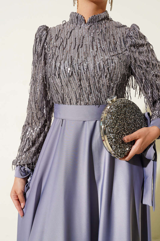 Pul Payet Kolları Bağlamalı Abiye Elbise Gri