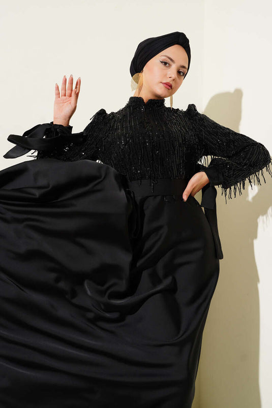 Pul Payet Kolları Bağlamalı Abiye Elbise Siyah