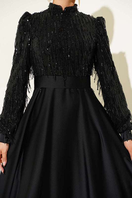 Pul Payet Kolları Bağlamalı Abiye Elbise Siyah