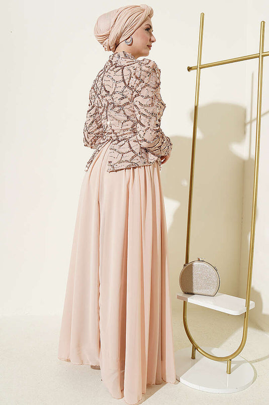 Beige Evening Dress with Sequin and Bead Embroidery