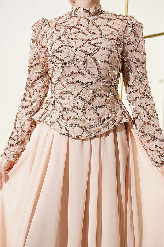 Beige Evening Dress with Sequin and Bead Embroidery