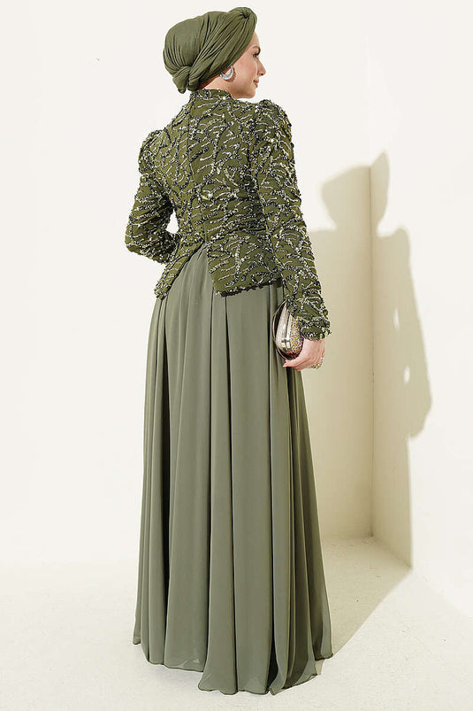 Sequin and Bead Embroidered Evening Dress in Khaki