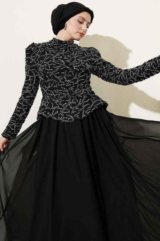 Black Evening Dress with Sequin and Bead Embroidery