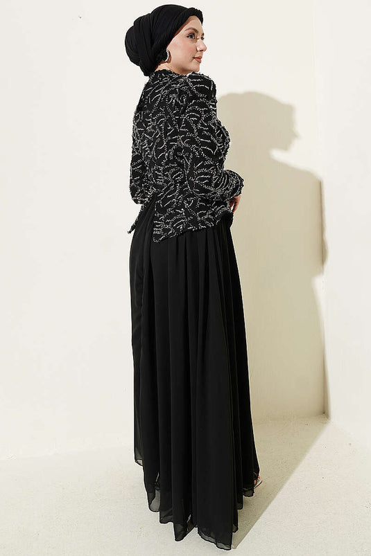 Black Evening Dress with Sequin and Bead Embroidery