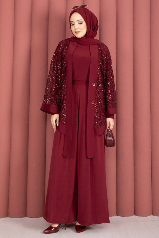 Burgundy Set of Three with Sequin and Openwork Details
