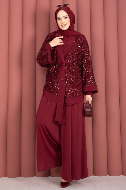Burgundy Set of Three with Sequin and Openwork Details