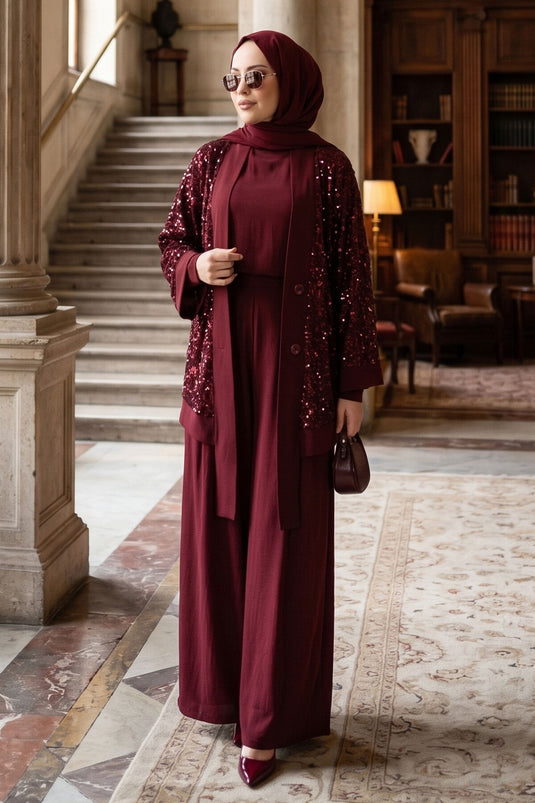 Burgundy Set of Three with Sequin and Openwork Details