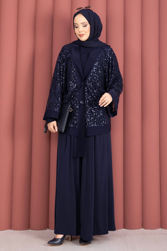Ensemble triple ajouré à paillettes bleu marine