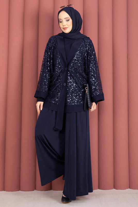 Ensemble triple ajouré à paillettes bleu marine
