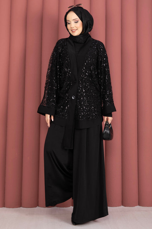 Set triplo traforato con paillettes nero