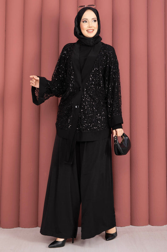 Set triplo traforato con paillettes nero