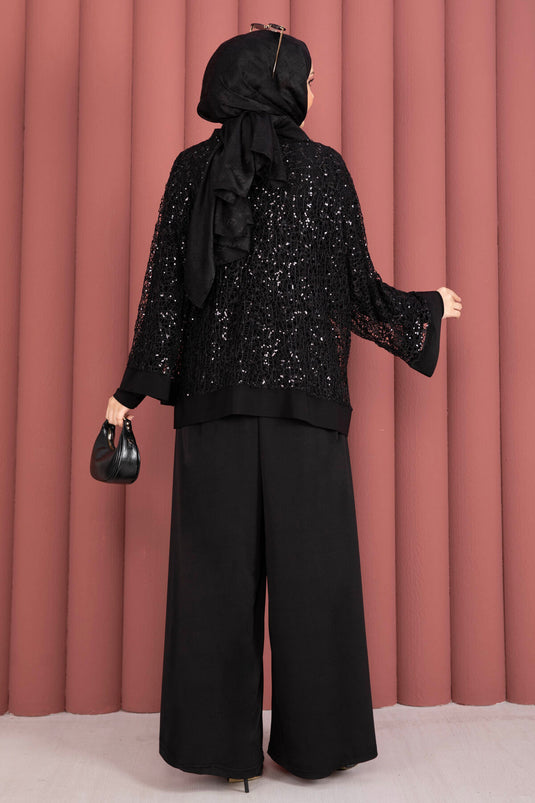 Set triplo traforato con paillettes nero