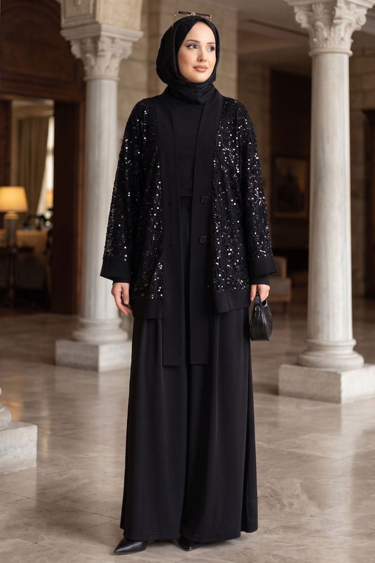 Set triplo traforato con paillettes nero