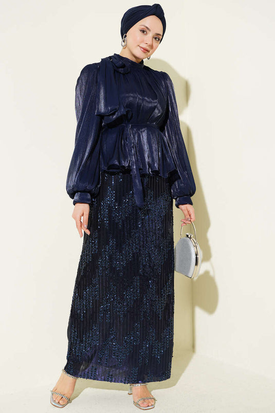 Navy Blue Evening Set with Sequin Skirt