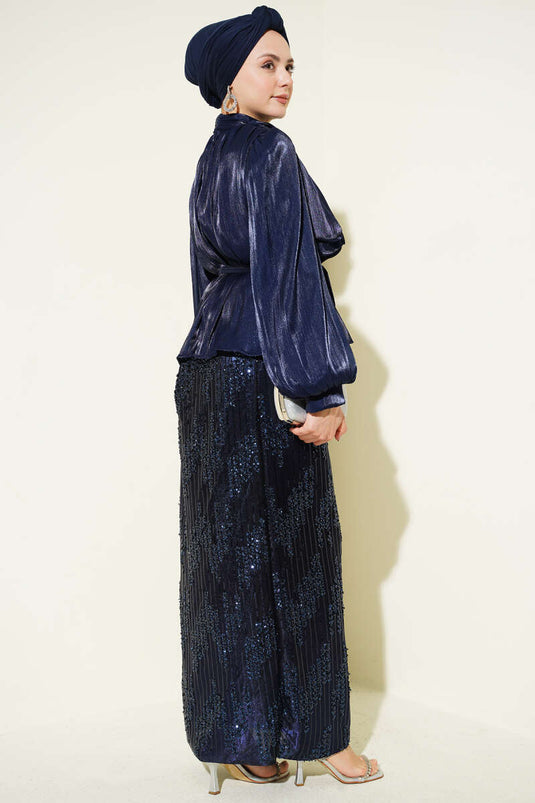 Navy Blue Evening Set with Sequin Skirt
