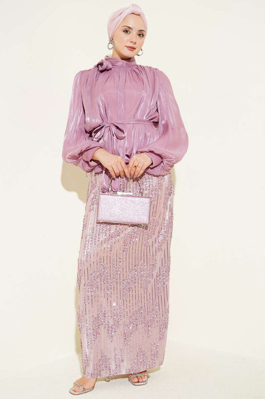Two-Piece Evening Set with Sequin Skirt in Powder Pink