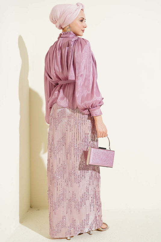 Two-Piece Evening Set with Sequin Skirt in Powder Pink