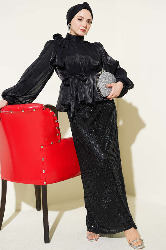 Zweiteiliges Abendkleid-Set mit Paillettenrock, Schwarz