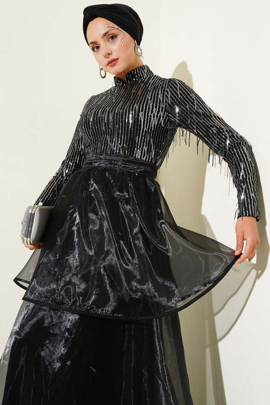 Sequined Tassel Evening Dress Black Silver