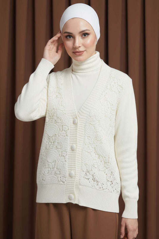 Cardigan court en maille à paillettes et dentelle beige